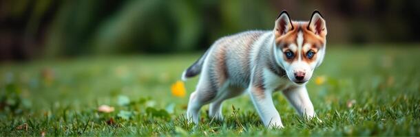 Siberian husky puppy plays in the garden on a sunny day surrounded by green grass and colorful flowers photo