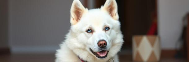 White dog with blue eyes sitting calmly indoors near a patterned toy in a cozy space during daylight hours photo