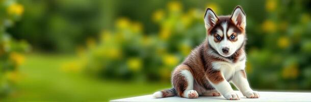 Cute husky puppy sitting on a white surface with blooming flowers in the background during a sunny day photo