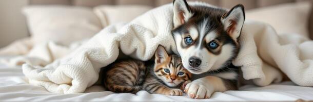 Cozy puppy and kitten snuggle together under warm blanket in cozy indoor setting photo