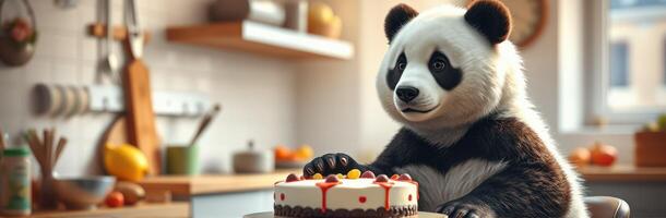 Panda in a cozy kitchen preparing a delicious cake decorated with fruits and syrup photo