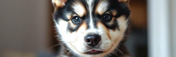 Cute black and white puppy looking curiously at the camera in a cozy indoor setting photo