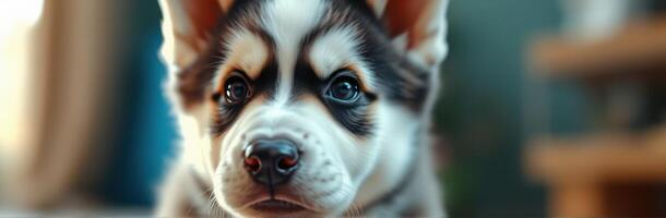 Adorable puppy with expressive eyes resting indoors during soft afternoon light photo