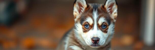 Cute husky puppy with striking blue eyes exploring outdoor environment during autumn afternoon photo