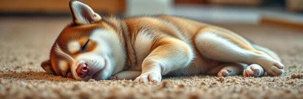 Cute Siberian Husky puppy peacefully sleeping on the carpet in a cozy indoor setting during the afternoon photo