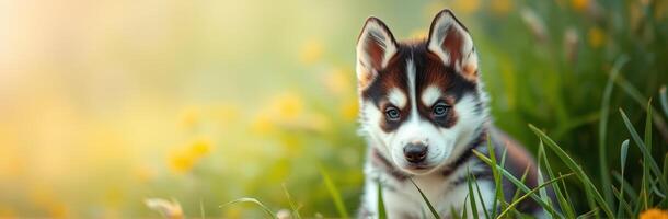 Adorable husky puppy exploring a sunny meadow filled with wildflowers during springtime photo
