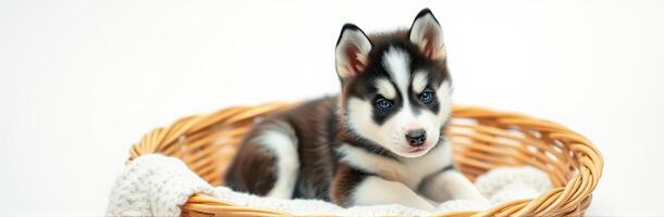 Cute Siberian husky puppy resting in a woven basket on a light background photo