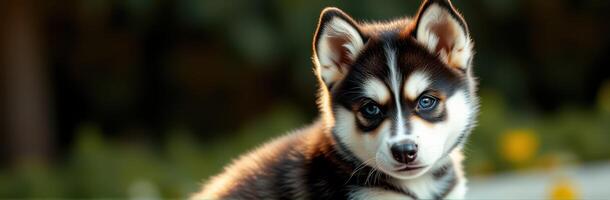 Cute husky puppy with striking blue eyes in a sunny outdoor garden setting photo