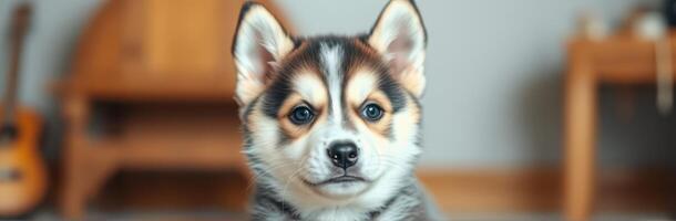 Corgi puppy with striking blue eyes relaxes in cozy living room environment during daytime photo