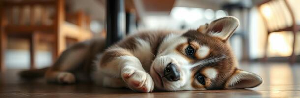Playful husky puppy resting under a table in a cozy indoor environment during the day photo