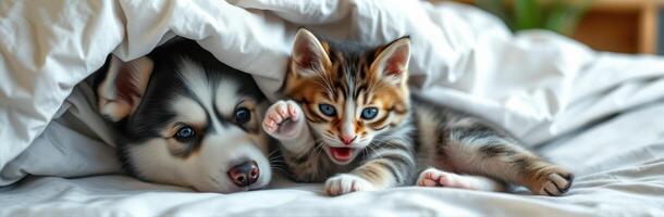 Cute puppy and kitten cuddling under a cozy blanket in a bright room photo