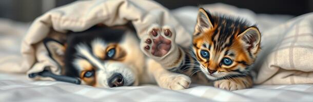 Playful puppy and curious kitten snuggling under a cozy blanket in a relaxed indoor setting photo