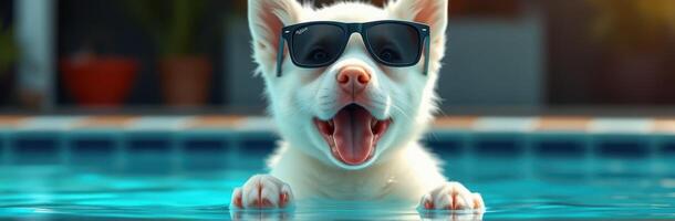 Cute dog wearing sunglasses enjoys a sunny day in the pool with splashing water and vibrant surroundings photo