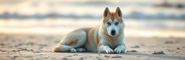 Siberian husky relaxing on a sandy beach during sunset with soft waves in the background photo