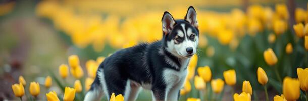 Husky dog exploring a field of yellow tulips during a sunny spring day photo