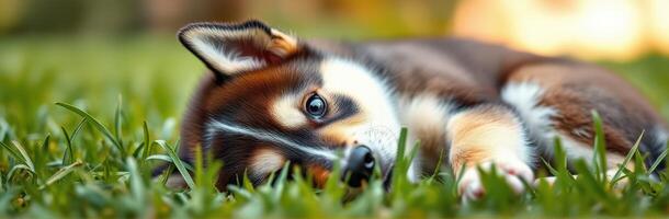 Cute puppy relaxing on green grass in a sunny garden during late afternoon photo