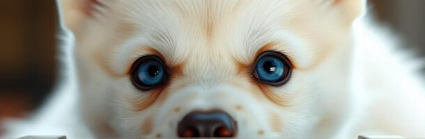 Cute fluffy puppy with striking blue eyes looking curiously at the camera indoors photo