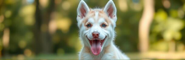 Happy white and cream Siberian husky puppy smiling outdoors during a sunny day in a lush green park photo