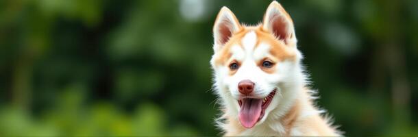 Happy husky puppy playing outdoors in a lush green environment on a sunny day photo