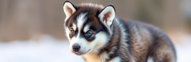 Playful husky puppy exploring a snowy landscape on a bright winter day photo