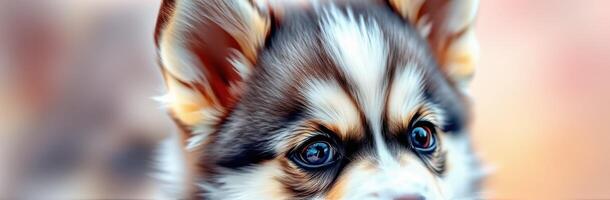 Cute corgi puppy with big eyes playing in a sunny outdoor environment during the golden hour photo