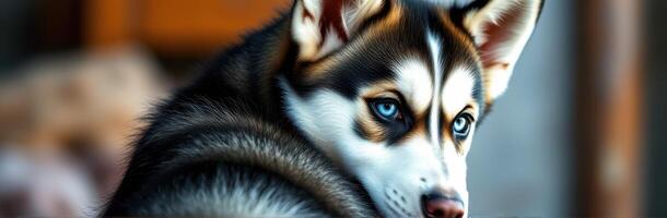Close-up of a husky puppy with striking blue eyes relaxing indoors in a cozy environment photo