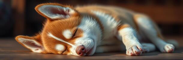 Cute sleeping corgi puppy resting peacefully on wooden floor in warm afternoon sunlight, showcasing its fluffy fur and adorable expressions photo