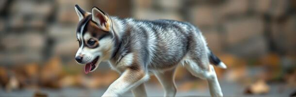 Playful husky puppy exploring a garden path surrounded by autumn leaves in soft afternoon light photo