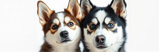 Two adorable dogs posing closely together with captivating expressions and vibrant fur colors in soft lighting photo