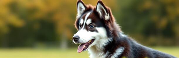 Husky dog enjoys a sunny day in a vibrant green park with autumn colors in the background photo