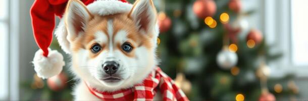 Corgi puppy wearing Christmas hat and scarf in front of decorated tree with twinkling lights photo