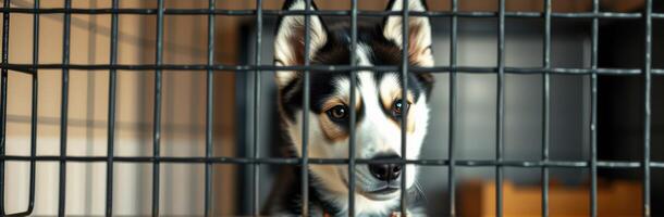 Husky puppy looking through metal crate bars in a cozy indoor space photo