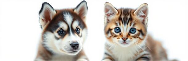 Adorable puppy and kitten share a moment of curiosity indoors during morning light photo