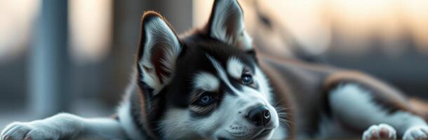 Siberian husky relaxing at sunset near a balcony with a calming view in a cozy home setting photo
