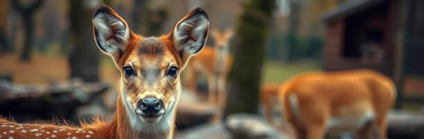 Close-up of a young deer looking curiously at the camera in a forest environment during early morning hours photo