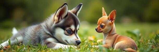 linda perrito Tiempo de juego en un soleado parque con un fornido y chihuahua disfrutando cada otros empresa foto