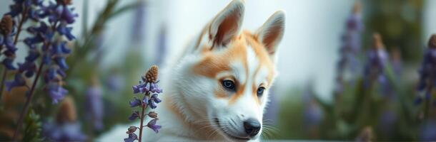 Corgi puppy resting amidst vibrant wildflowers in a serene garden setting during a sunny afternoon photo