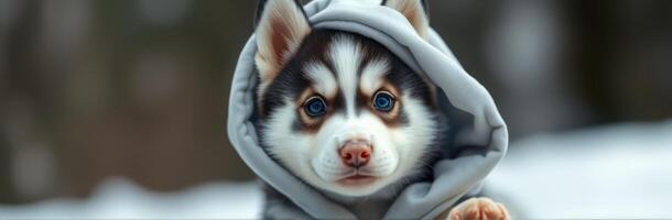 Cute husky puppy wearing a gray hoodie poses playfully in a snowy environment during winter daylight photo