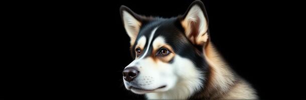 Beautiful husky with striking facial features against a dark background showcasing its expressive eyes and majestic fur photo