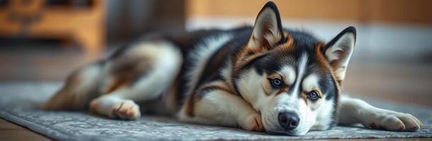 Husky resting comfortably on a cozy rug in a warm living room during the afternoon photo