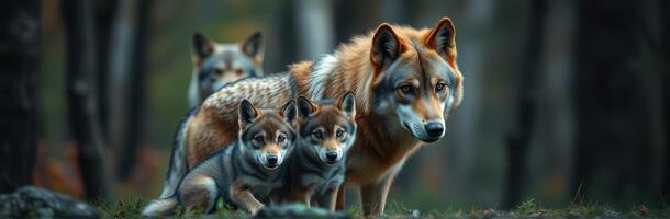 Family of wolves standing together in a forest setting during the twilight hours photo