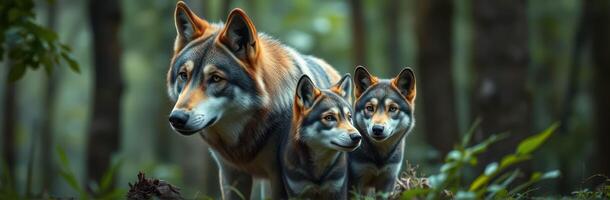 Three wolves explore a forested area during the early morning light in a serene natural setting photo