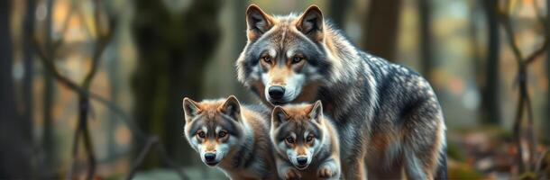 Adult wolf stands protectively with two playful pups in a serene forest setting during autumn photo