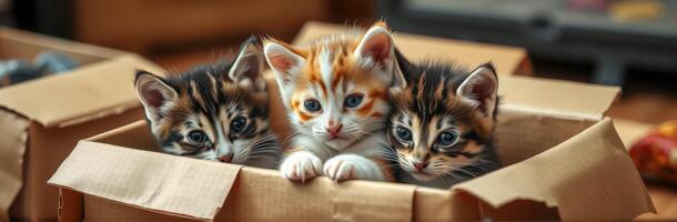Three adorable kittens playfully peeking out from a cardboard box in a cozy indoor setting during the afternoon photo