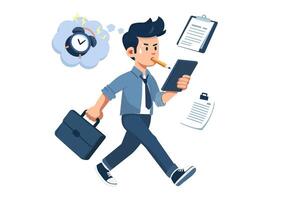 Flat illustration. tired businessman He looked at the schedule. with a deadline alarm clock ringing above vector