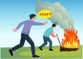 Flat illustration. A man stops another man who is setting fire to garbage. Dust and smoke will damage the lungs. vector