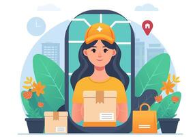 Flat illustration. delivery officer Notified via your smartphone that your package has arrived vector