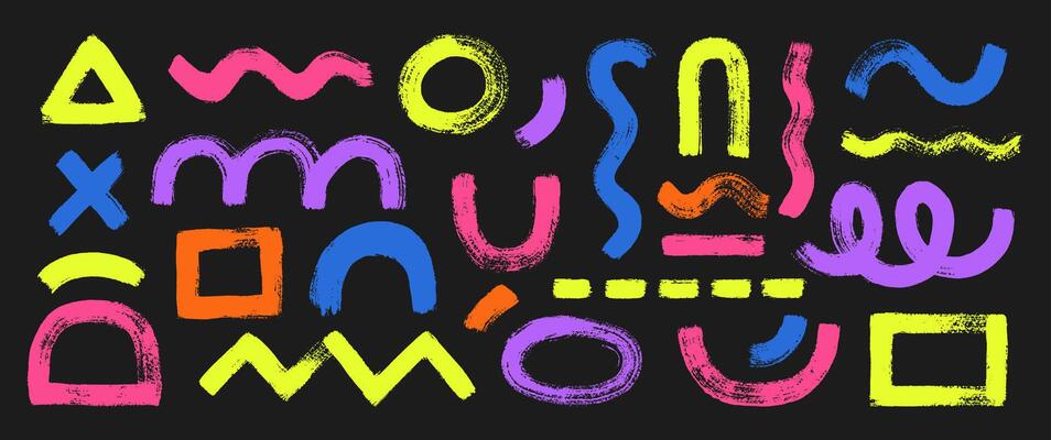 Set of organic funky shapes with brush or chalk texture. Triangle, circle and zigzag. Color illustration on a blackboard.