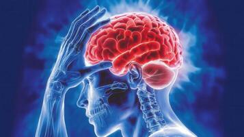 Human brain highlighted in red showing migraine or headache with x ray effect and hands touching head photo