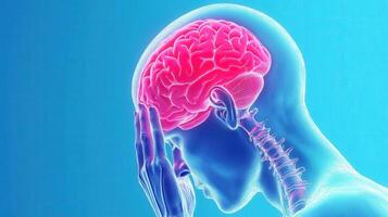 Human brain highlighted in red migraine or headache medical with x ray effect and hands touching head photo
